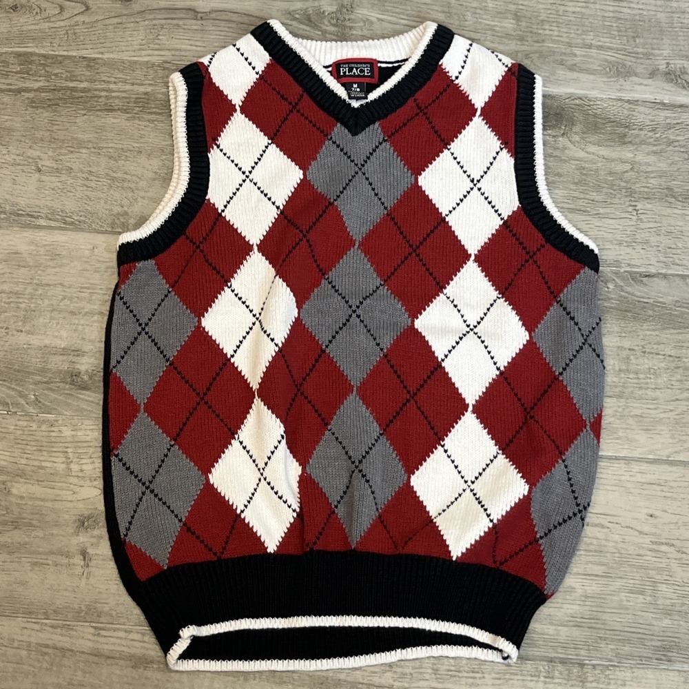 The Children's Place Argyle Vest Boys Size M 7/8 Navy Blue, Red, White‎